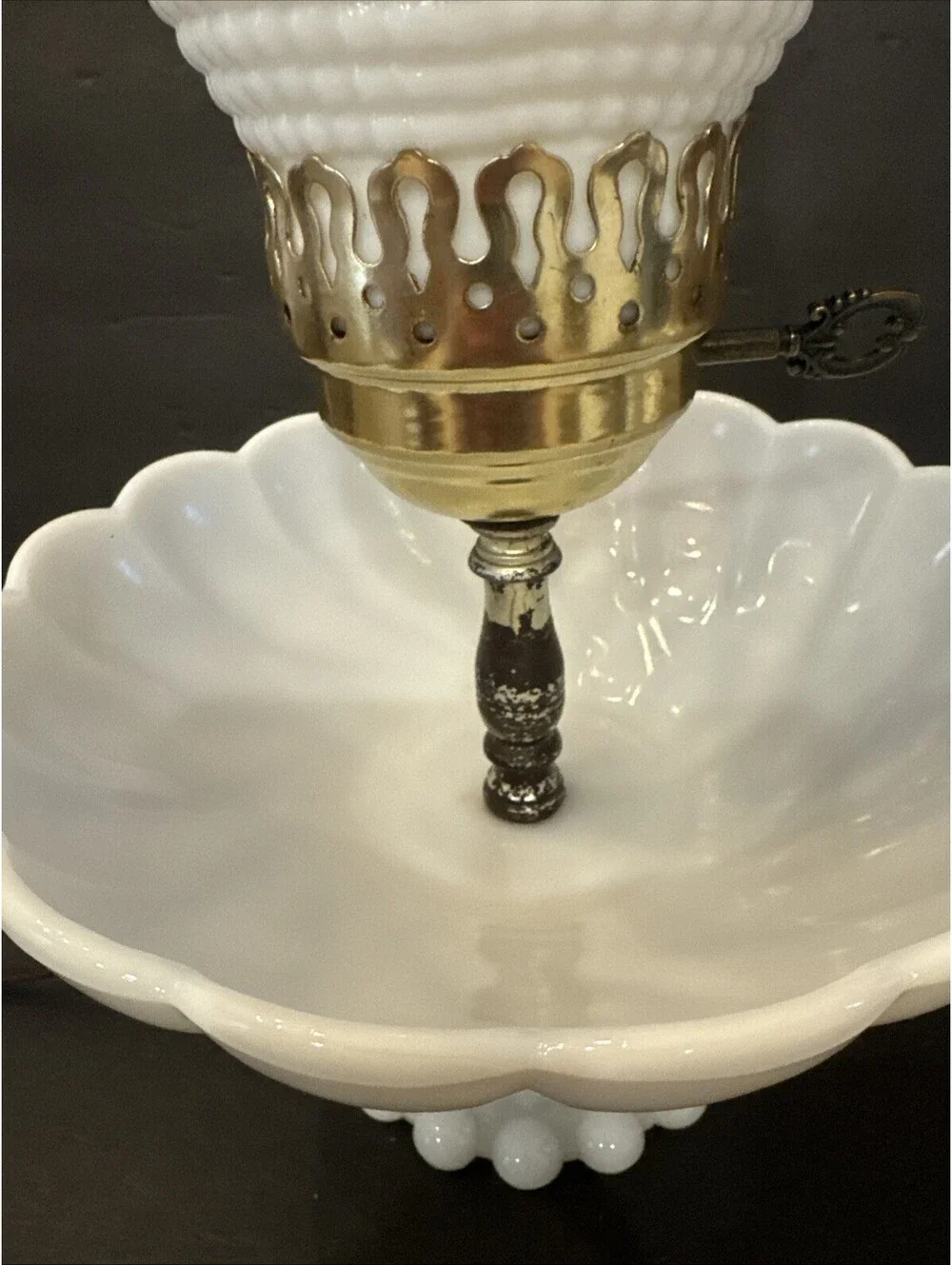 Rare Vintage Milk Glass Hurricane Lamp Bowl Trinket Base 17.5” H By 9” W Gold